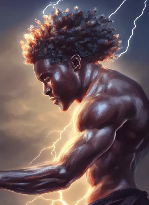 Image similar to a highly detailed illustration of short curly haired fade african god of lightning, evil summoning lightning from hands pose, moonlit clouds background, muscular, intricate, elegant, highly detailed, centered, digital painting, artstation, concept art, smooth, sharp focus, league of legends concept art, WLOP