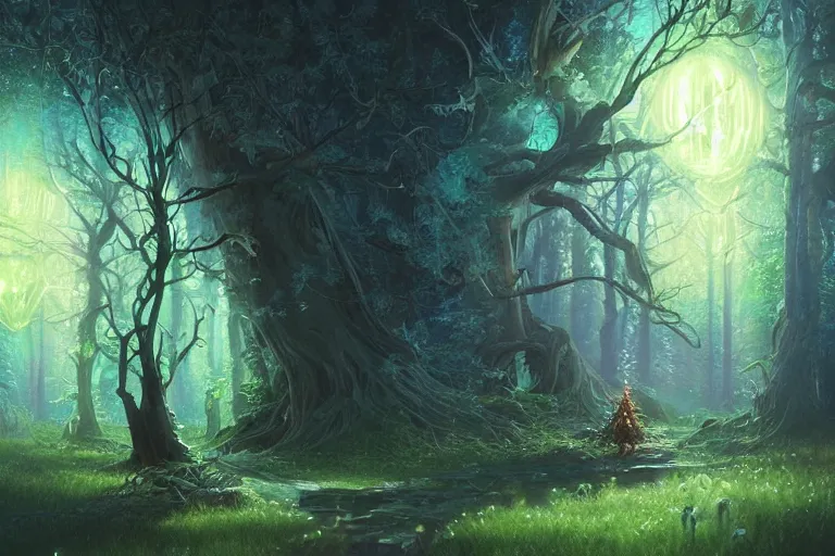 Prompt: a bioluminescent glowing tree in an enchanted forest, highly detailed, digital painting, artstation, concept art, sharp focus, illustration, art by artgerm and greg rutkowski and alphonse mucha