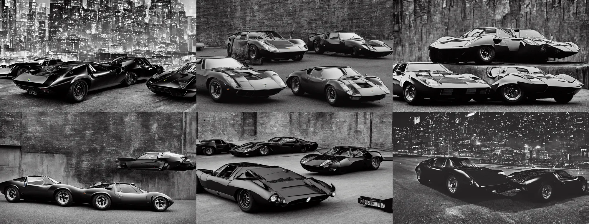 Prompt: a 1969 lamborghini miura with big wings as the batmobile in a dark and stormy industrial gotham city, night