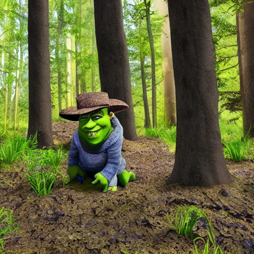 Image similar to photo of shrek in a forest, 8k
