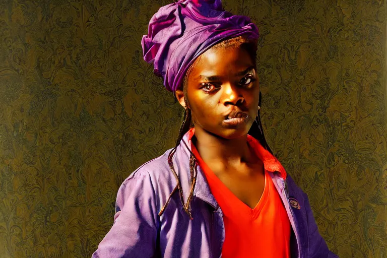 Image similar to a girl pirate with iridescent skin by kehinde wiley