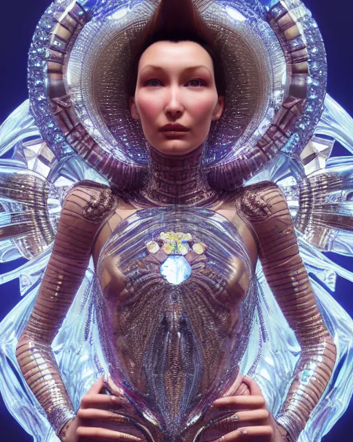 Image similar to a highly detailed metahuman 4 k close up render of an alien goddess bella hadid as goddess of love in iris van herpen dress schiaparelli in diamonds crystals swarovski and jewelry in style of alphonse mucha gustav klimt trending on artstation made in unreal engine 4