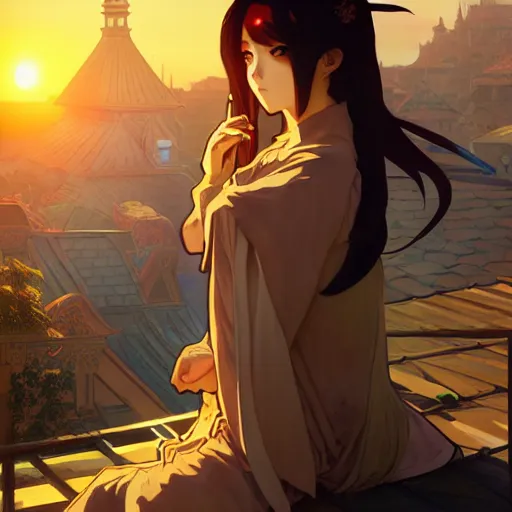 Prompt: digital anime art in the style of arcane, beautiful gorgeous female shinobi sitting on an old oriental roof at sunset, wlop, alphonse mucha, greg rutkowski, ilya kuvshinov, backlit