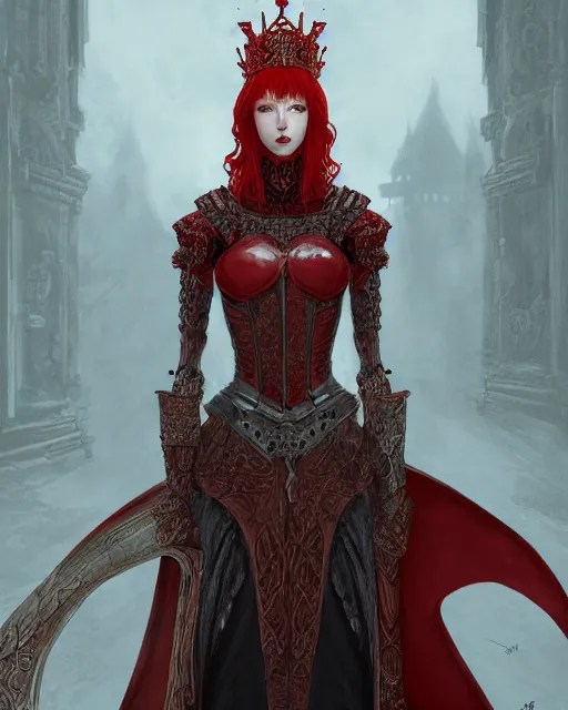 Image similar to redhead queen knight in red armor, inside an epic gothic castle, baroque, large crown, face with scars, intimidating, ominous, high fantasy, intricate detail, digital painting, artstation, concept art, smooth, sharp focus, illustration, art by yoshitaka amano and monia merlo and wlop