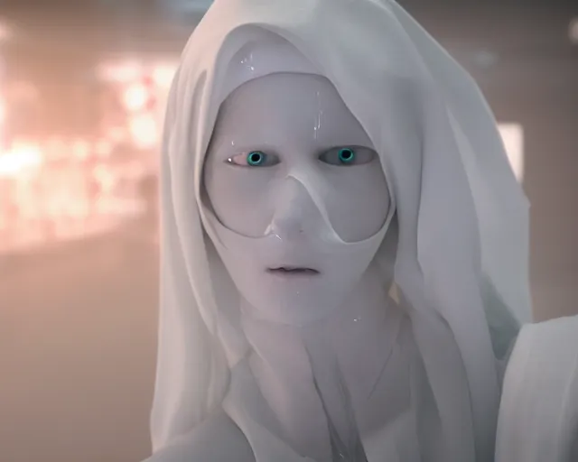 Prompt: a film still of a synthetic human wrapped in white cloth, in neotokyo, cinematic lighting, high resolution, 4 k