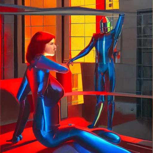 Image similar to sylvester stallone blue and red metal cyber suit, tech noir, wet reflections, prism, atmospheric, ambient, pj crook, syd mead, livia prima, greg rutkowski, edward hopper