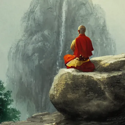 Image similar to A wise swordsman sitting meditating on a stone of a shaolin temple mount with a waterfall behind, artstation, Greg rutkowski, cinematic, digital Art