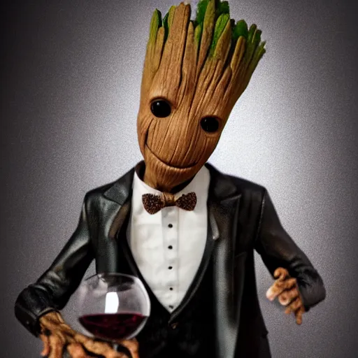 Prompt: realistic groot as a gentleman wearing tuxedo drinking wine, 1 0 0 mm, trending on artstation, behance, photorealistic, movie shot, studio lighting, 8 k - n 9