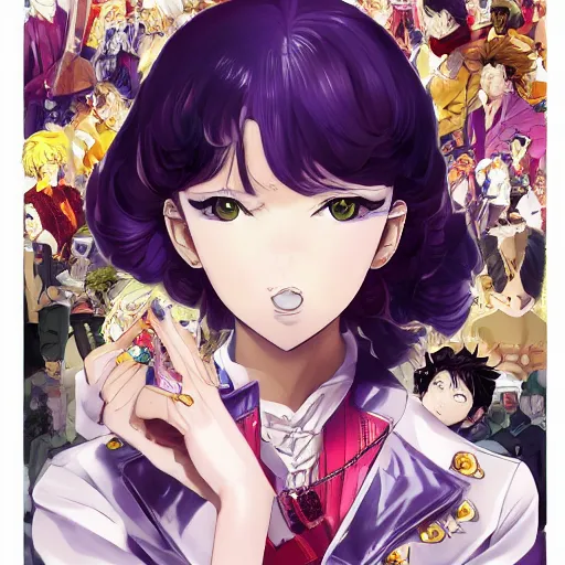 Image similar to Magazine Cover Anime key visual of a Gucci girl; official media; typography; drawn by Hirohiko Araki; Jojo's Bizarre Adventure; Jojolion, portrait, made by Stanley Artgerm Lau, WLOP, Rossdraws, James Jean, Andrei Riabovitchev, Marc Simonetti, Yoshitaka Amano, ArtStation