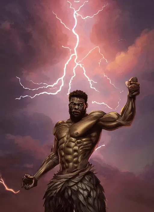 Prompt: a highly detailed illustration of short curly haired fade african god of lightning, evil summoning lightning from hands pose, moonlit clouds background, muscular, intricate, elegant, highly detailed, centered, digital painting, artstation, concept art, smooth, sharp focus, league of legends concept art, WLOP