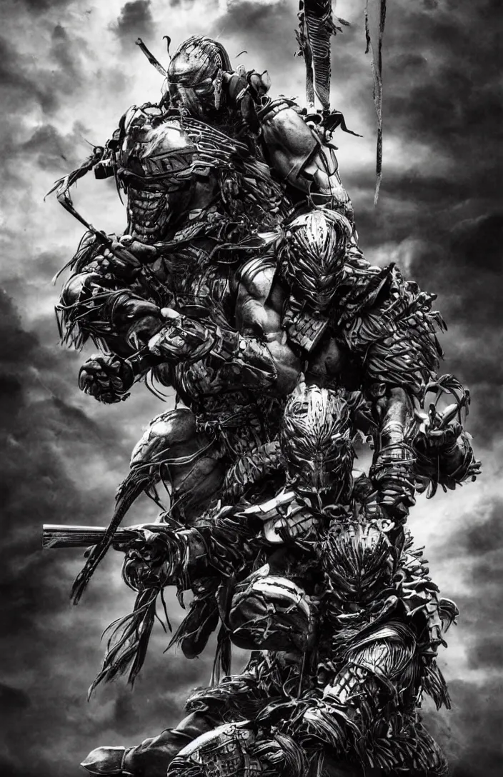 Prompt: movie predator vs samurai film poster art for hiroyuki sanada as samurai verses predator. in the style of ansel adams, frank frazzetta, realistic, detailed, octane