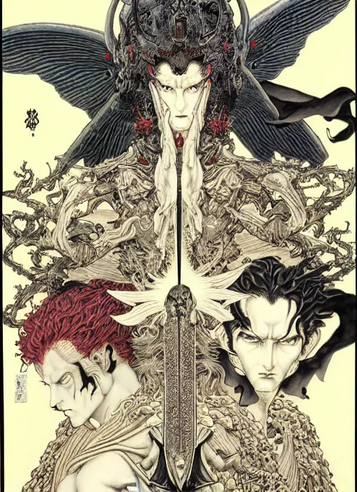 Prompt: battle between good and evil , battle between angels and demons, by and Austin Osman Spare and Takato Yamamoto and Yoshitaka Amano, high resolution, ultra detailed