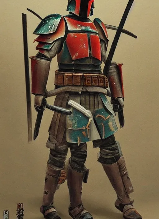 Image similar to a japanese samurai but his armor is inspired by boba fett's, very detailed oil painting, dark and realistic, japanese art art