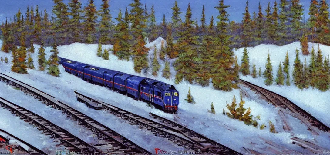 Prompt: a via rail!!! f - 4 0 ph - 2 d leaving sainte - foy station in 1 9 9 2, by bob ross, peaceful, hopeful, oil painting!!