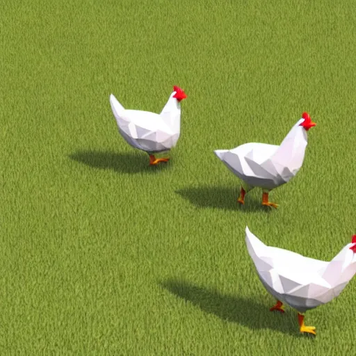 Image similar to low poly white chickens running through a farm, isometric view, 3d render, detailed, ray tracing, Eggs Inc