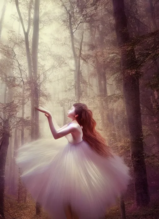 Image similar to luminescent long exposure light painting beauteous practical sumptuous ballerina, lifelike incredible hair, projected crystalline masterpiece incrustations, hyperdetailed face, elegant pose, movie still, intricate, octane render, cinematic forest lighting,