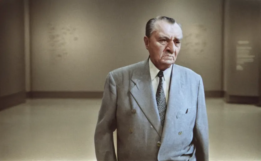 Image similar to 50s movie still close-up portrait of an elder soviet general walking in an empty museum, by David Bailey, Cinestill 800t 50mm eastmancolor, heavy grainy picture, very detailed, high quality, 4k, HD criterion, precise texture and facial expression