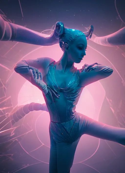 Image similar to photography of a futuristic space ballerina, in an colorful alien planet, ultra detail, beautiful light, high detail, 8 k, f / 2. 8, octane render