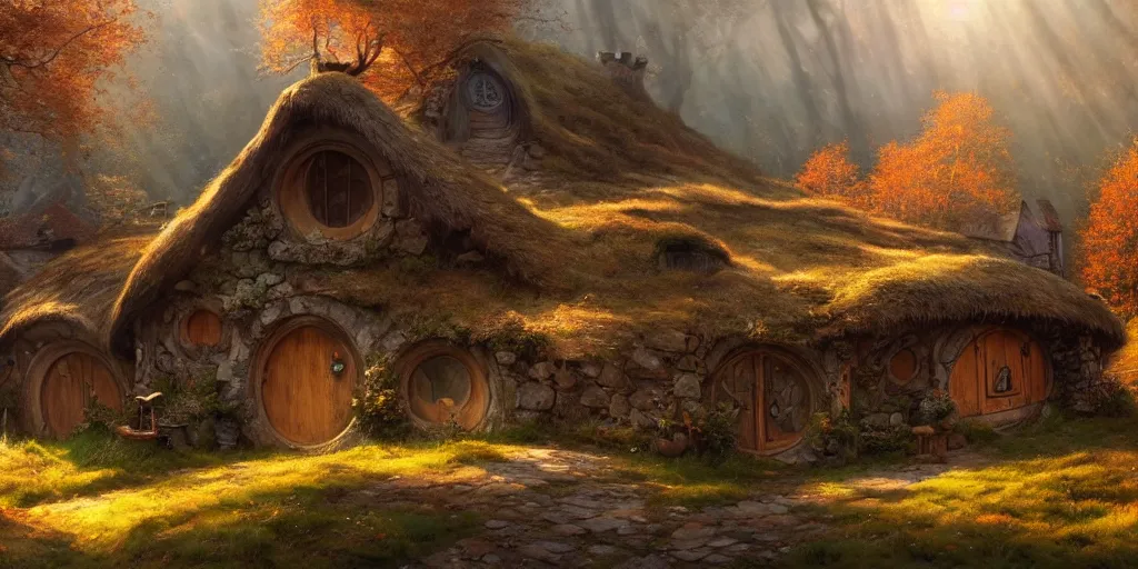 Image similar to a hobbit cottage on top of a steep hill, greg rutkowski, zabrocki, moebius, karlkka, jayison devadas, highly detailed, autumn sunlights, smoky atmosphere, ( ray of sunlight ), trending on artstation, sharp details, 8 k, ultra wide angle, zenith view, lens effect