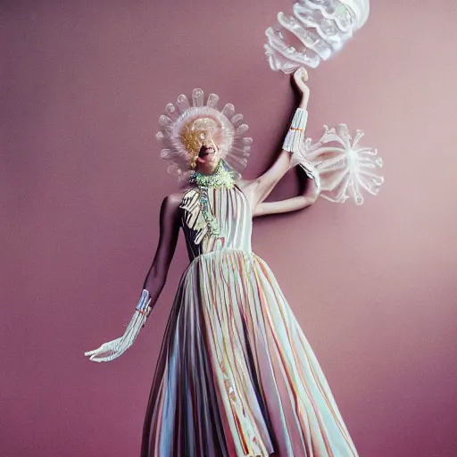 Image similar to Fashion photography of a woman wearing a Gucci dress inspired by a jellyfish, artistic photography, insanely detailed, chiaroscuro, cinestill 800t, Vogue magazine