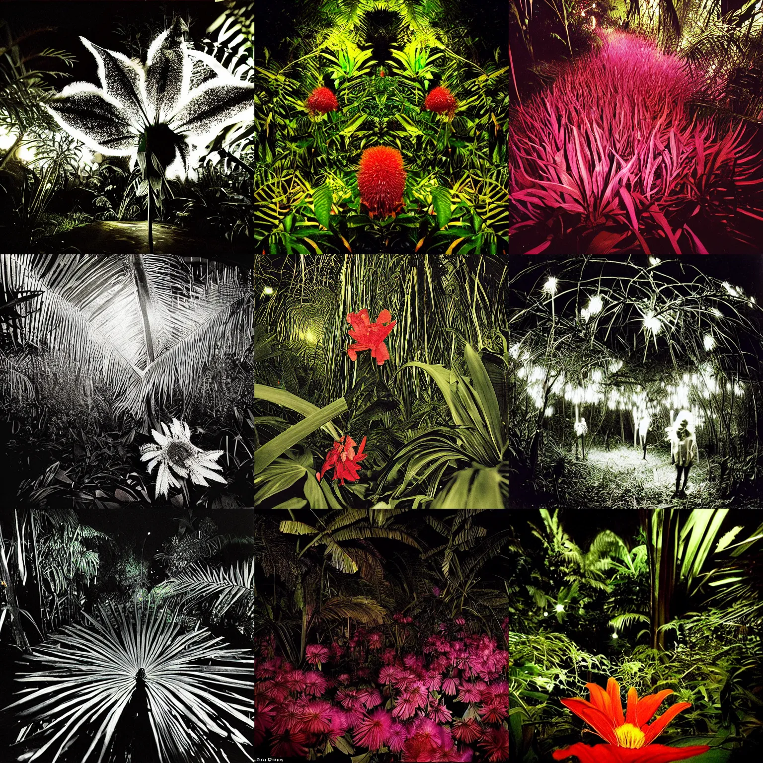 Prompt: shining dangerous exotic flower in the night jungle, by trent parke, surreal, magnum photos