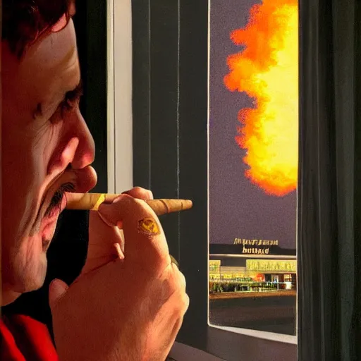 Image similar to Mr. House, realistic, highly detailed face, looks at the nuclear explosion, from the window of the Lucky 38 Casino, man smokes a cigar, ! holding in his Hand !, arm,cigarette advertising, hyperdetailed, artstation trending, ultra HD, artstation, photorealism, ultrarealistic, retro, 45mm, elegant,