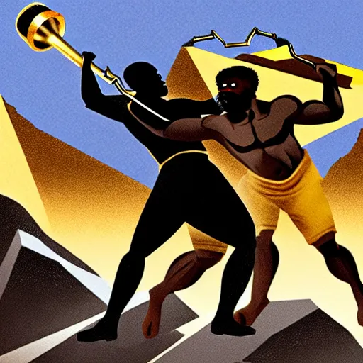 Image similar to black person with golden mace in hands fighting lenin in mountains, photorealistic