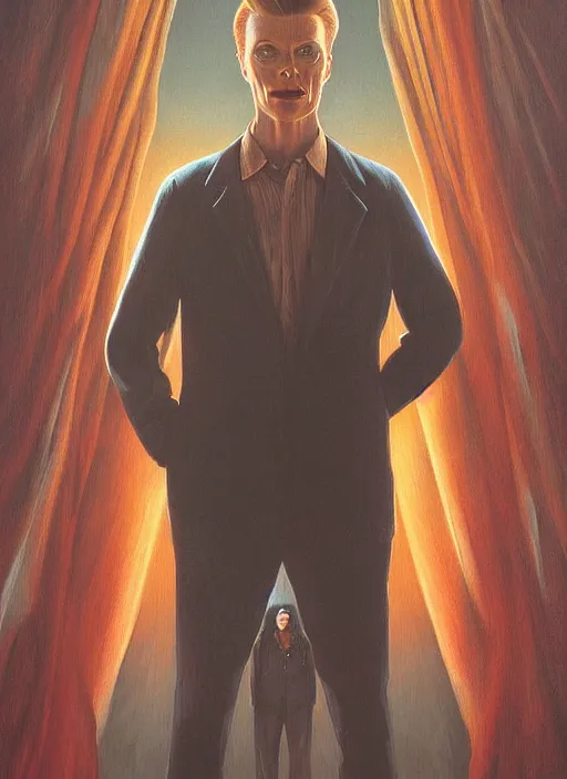 Image similar to twin peaks poster art, portrait of david bowie will he find the way out, by michael whelan, rossetti bouguereau, artgerm, retro, nostalgic, old fashioned