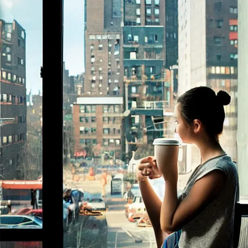 Image similar to “ a girl holding a cup of coffee looking out a window overlooking the east village in new york city, morning light, by gregory crewdson ”