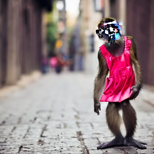 Prompt: candid portrait of a monkey in the street wearing girl's outfit, realistic, sharp focus