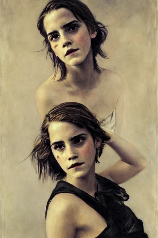 Image similar to emma watson frowning detailed portrait painting by gaston bussiere craig mullins j. c. leyendecker photograph by richard avedon peter lindbergh annie leibovitz