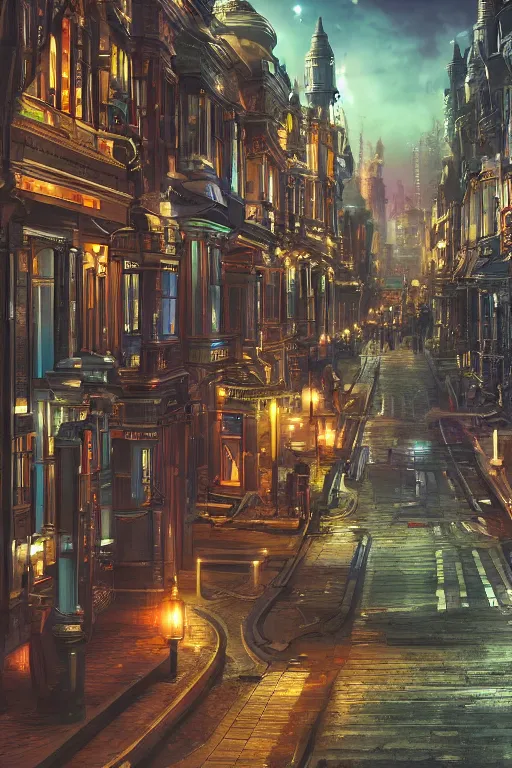 Image similar to a futuristic victorian city street, national geographic cover, award winning, 4 k, smooth, bright, light, colorful, victorian, futuristic, cyber - w 1 7 9 2