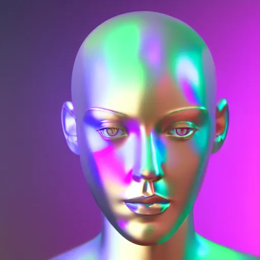 Image similar to 3d render of holographic human robotic head made of glossy iridescent, surrealistic 3d illustration of a human face non-binary, non binary model, 3d model human, cryengine, made of holographic texture, holographic material, holographic rainbow, concept of cyborg and artificial intelligence