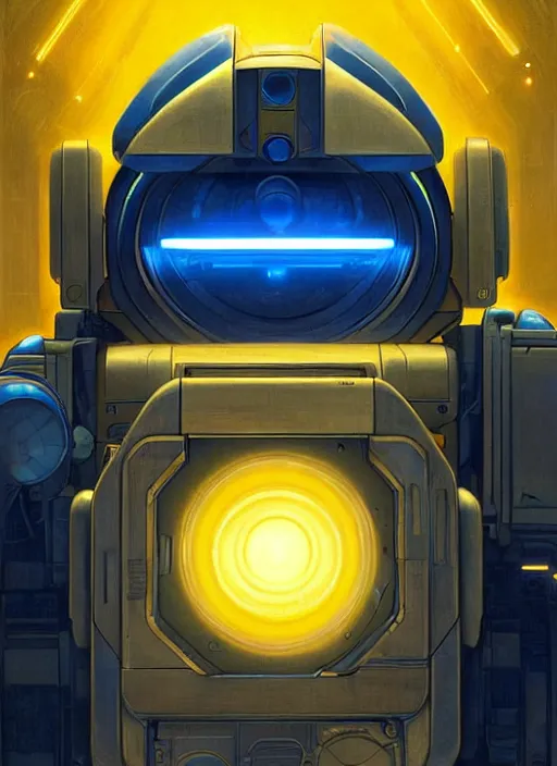 Image similar to symmetry!! portrait of wall - e, sci - fi, tech wear, blue and yellow glowing lights!! intricate, elegant, highly detailed, digital painting, artstation, concept art, smooth, sharp focus, illustration, art by artgerm and greg rutkowski and alphonse mucha