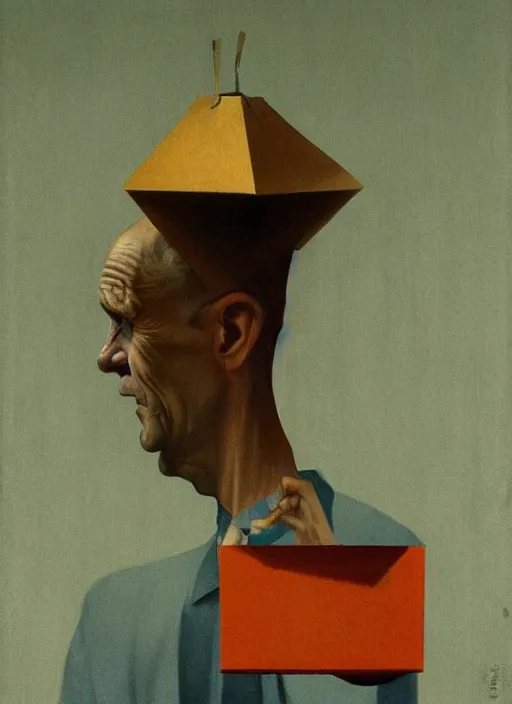 Image similar to propaganda man portrait with a paper bag over the head Edward Hopper and James Gilleard, Zdzislaw Beksinski, highly detailed