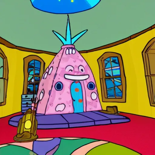 Image similar to patrick star dressed as PatBoy inside magic house