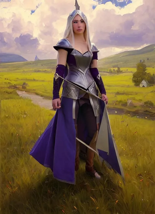 Image similar to portrait of Syndra from League of Legends medieval dress, countryside, calm, fantasy character portrait, dynamic pose, above view, sunny day, thunder clouds in the sky, artwork by Jeremy Lipkin and Giuseppe Dangelico Pino and Michael Garmash and Rob Rey, very coherent asymmetrical artwork, sharp edges, perfect face, simple form, 100mm