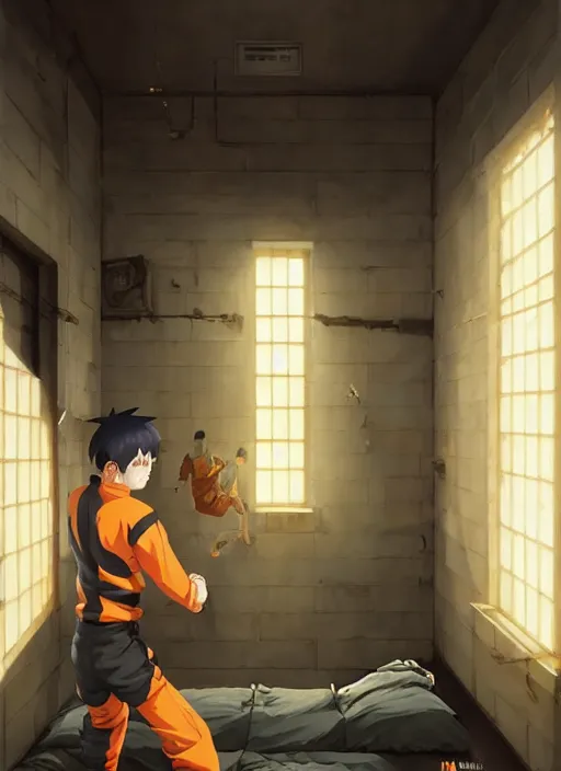 Image similar to highly detailed prison cell with naruto uzumaki with black hair, bars in window, hitting a wall, art by greg rutkowski, loish, rhads, ferdinand knab, makoto shinkai and lois van baarle, ilya kuvshinov, rossdraws, tom bagshaw, global illumination, radiant light, detailed and intricate environment