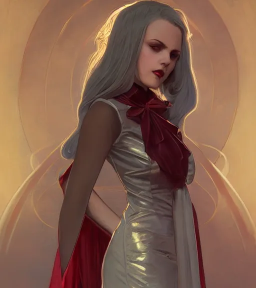 Image similar to a vampire girl wearing a golden dress, grey hair, red necktie, cinematic, stunning, highly detailed, digital painting, artstation, smooth, hard focus, full body shot, illustration, art by artgerm and greg rutkowski and alphonse mucha