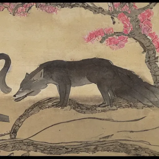 Image similar to samurai fox with a katana. sakura forest in the background. old japanese painting. fresco