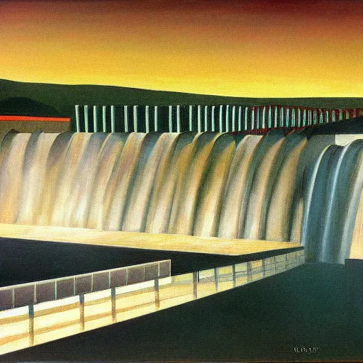 Image similar to hydroelectric dam, turbines, spillway, fish ladder, grant wood, pj crook, edward hopper, oil on canvas