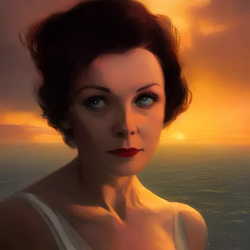 Image similar to a closeup portrait of a young beautiful vivian leigh, lake background, gorgeous view, sunset, film noir, serene, depth, by greg rutkowski, digital art, trending on artstation