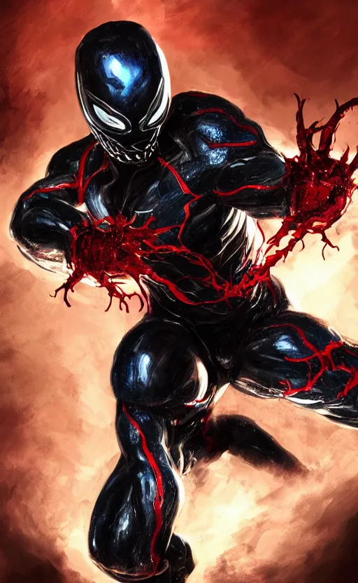 Image similar to venom in a venom inspired ironman suit, black and red, dynamic lighting, photorealistic fantasy concept art, trending on art station, stunning visuals, terrifying, creative, cinematic