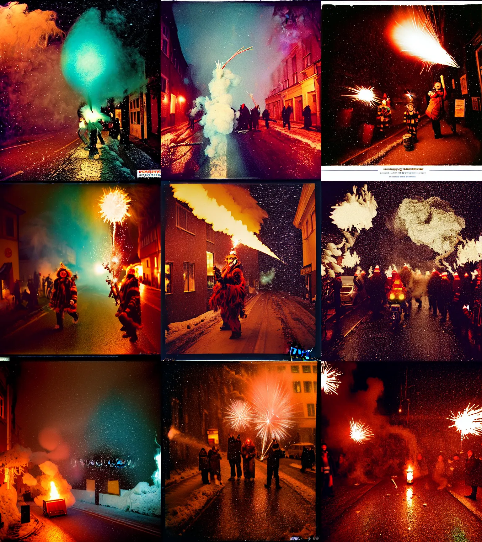 Prompt: kodak portra 4 0 0, wetplate, winter, snowflakes, rainbow coloured rockets, chaos, glitter tornados, award winning dynamic photo of a bunch of hazardous krampus between exploding fire barrels by robert capas, motion blur, in a narrow lane in salzburg at night with colourful pyro fireworks and torches, teal lights