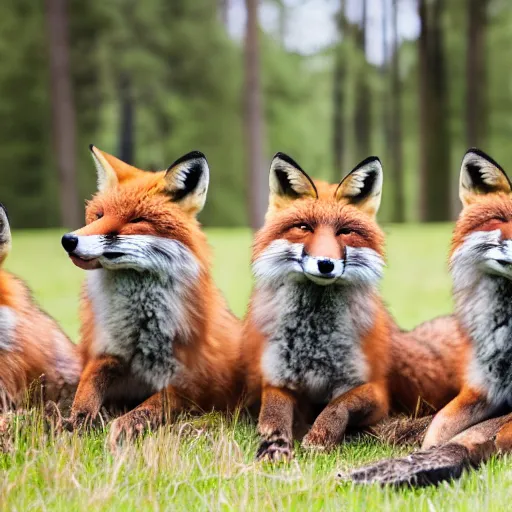 Image similar to a group of fox animals dressed in modern american military soldier uniforms, foxes laughing at a computer, 8 5 mm f / 1. 4