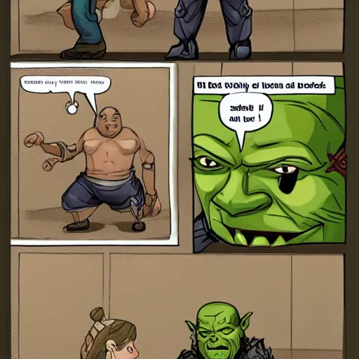 Prompt: wow orc is not having any luck with the ladies. he is wearing a shirt and pants.