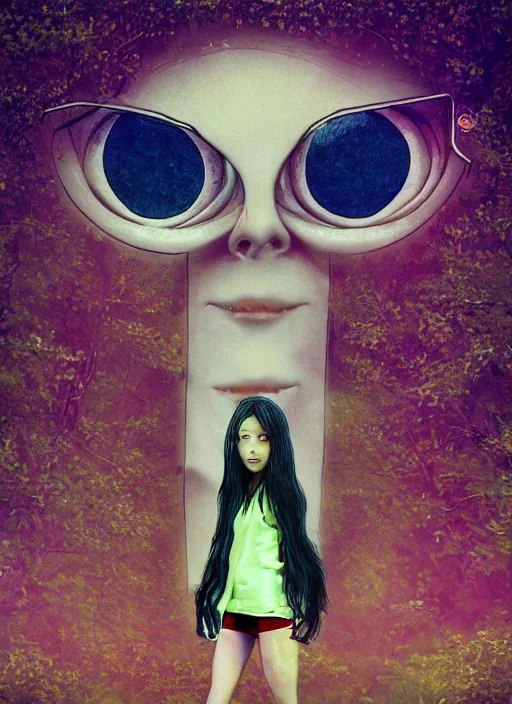 Prompt: recursive image with a girl walking through a park, large eyes, her long hair flowing, surreal, oil pastels and gold, in the style of katsuhiro otomo, modeled in poser, redshift render, uhd
