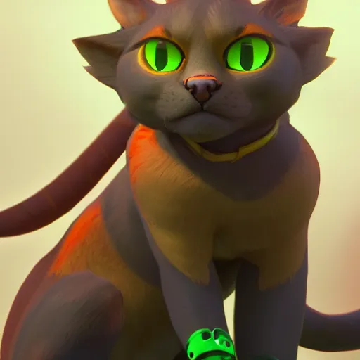 Image similar to tabaxi! with dark orange fur and (bright orange highlights) with glowing deep green eyes, character design, octane render, 4k