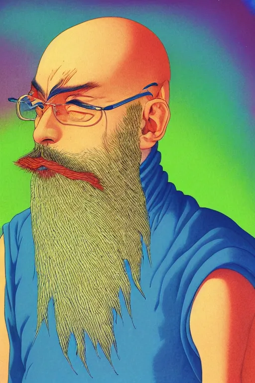 Image similar to a colorful closeup portrait of a young bald man with a very long wild beard dreaming psychedelic hallucinations in the vast icy landscape of antarctica, by kawase hasui, moebius and edward hopper, colorful flat surreal design, hd, 8 k, artstation