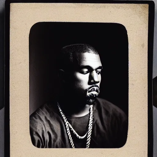 Image similar to a vintage photograph of Kanye West by Julia Margaret Cameron, portrait, 40mm lens, shallow depth of field, split lighting